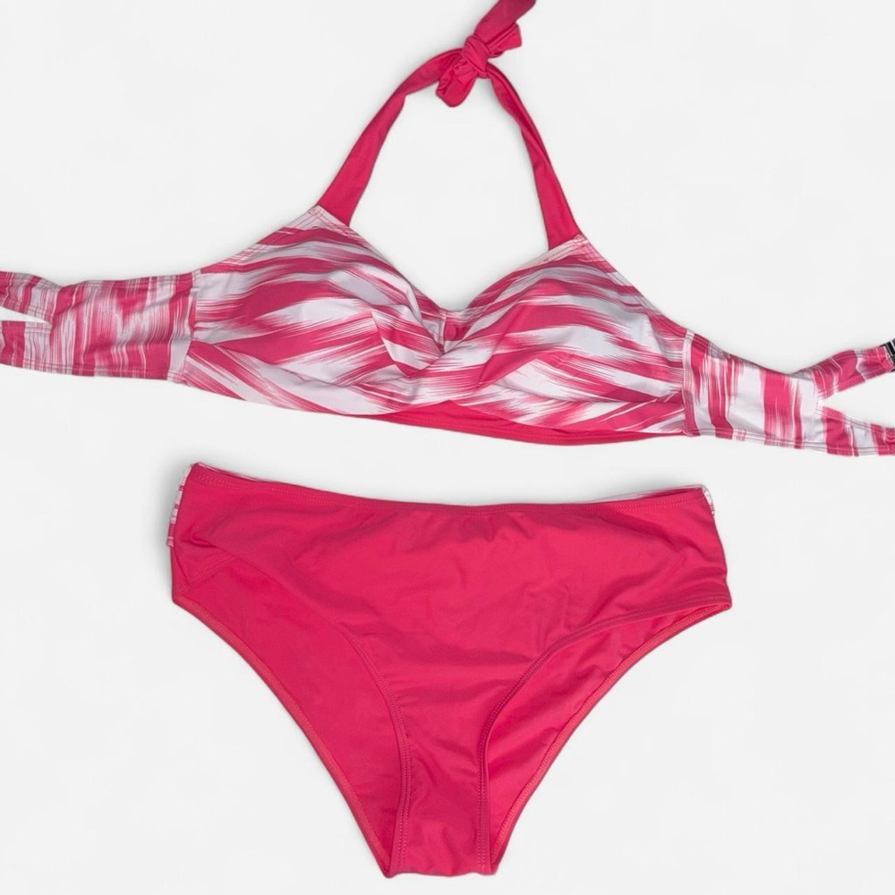 Pink and white striped halter bikini two piece set size large